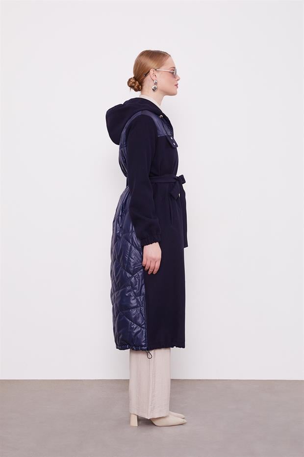 Lacivert Belden Bağlamalı Kaipşonlu Kaşe Kaban