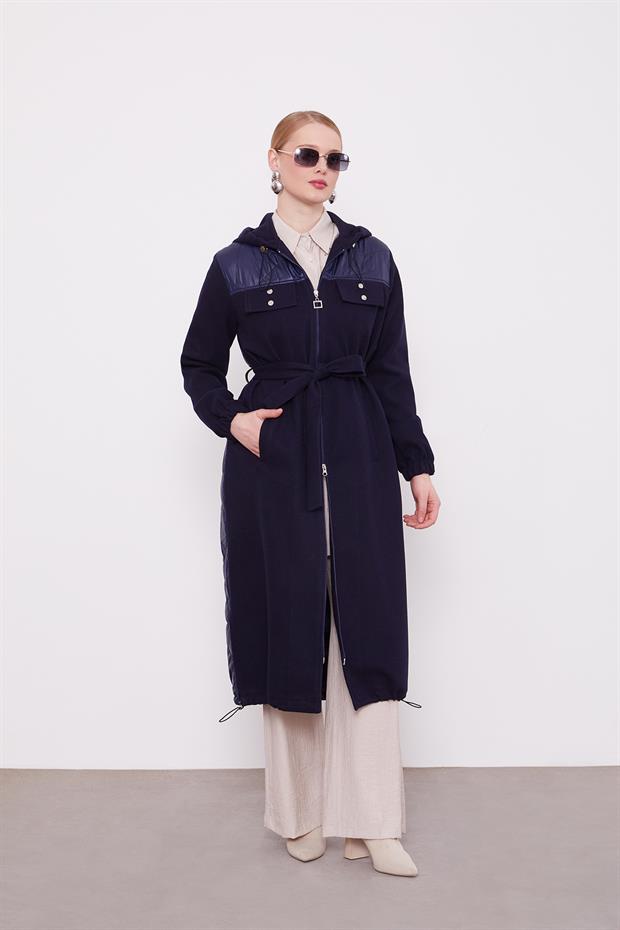 Lacivert Belden Bağlamalı Kaipşonlu Kaşe Kaban