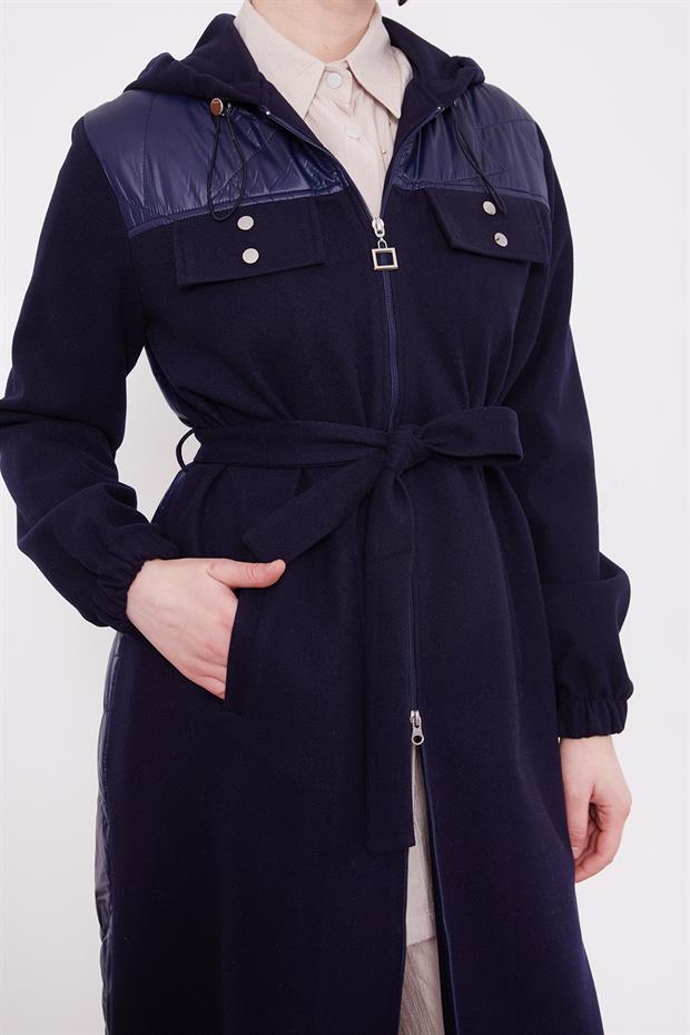 Lacivert Belden Bağlamalı Kaipşonlu Kaşe Kaban