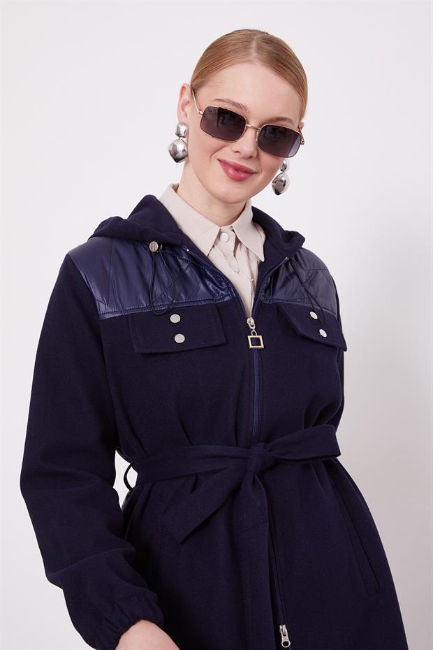 Lacivert Belden Bağlamalı Kaipşonlu Kaşe Kaban