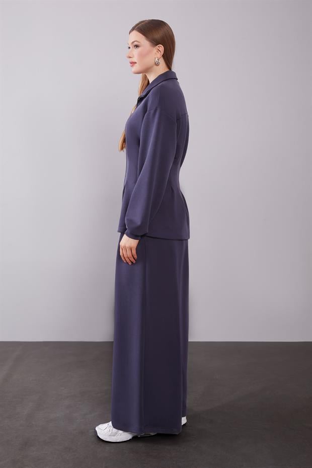 Lacivert Belden Oturmalı Pile Detaylı İkili Takım