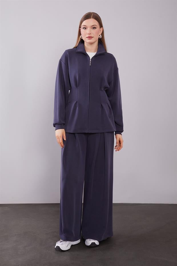 Lacivert Belden Oturmalı Pile Detaylı İkili Takım