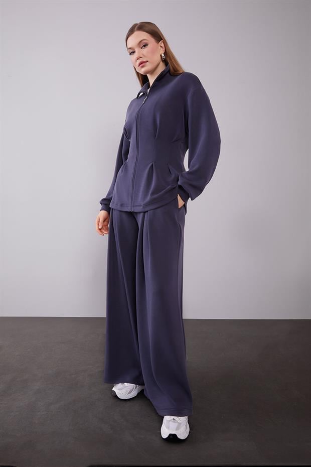 Lacivert Belden Oturmalı Pile Detaylı İkili Takım