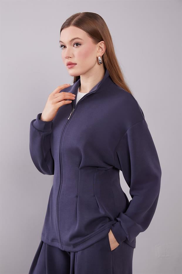 Lacivert Belden Oturmalı Pile Detaylı İkili Takım