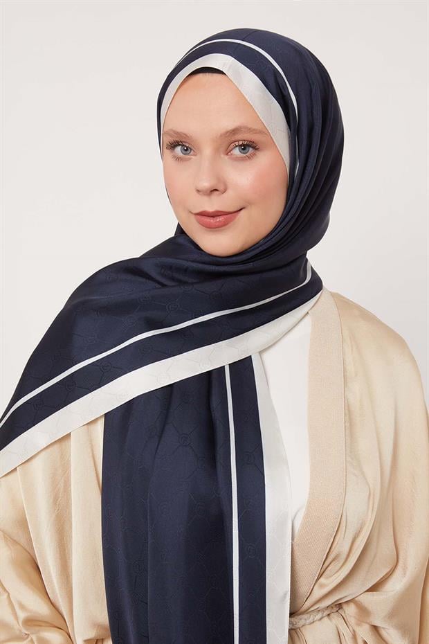Lacivert-Beyaz-Kırmızı Şerit Detay Monogram İpek Şal