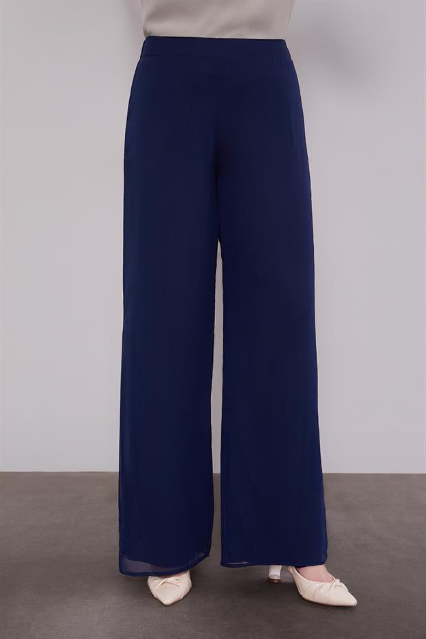 Lacivert Bol Paça Şifon Pantolon