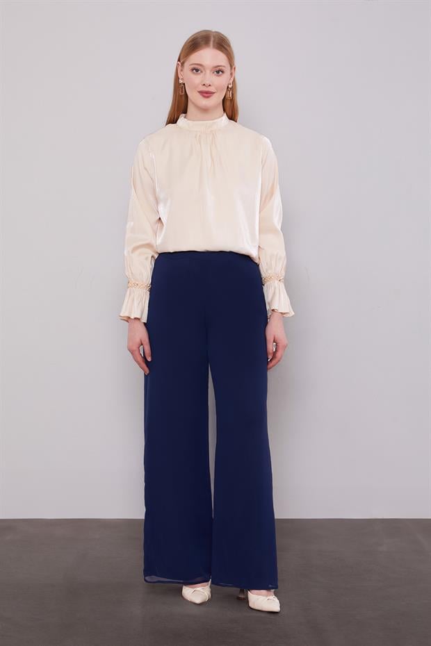 Lacivert Bol Paça Şifon Pantolon