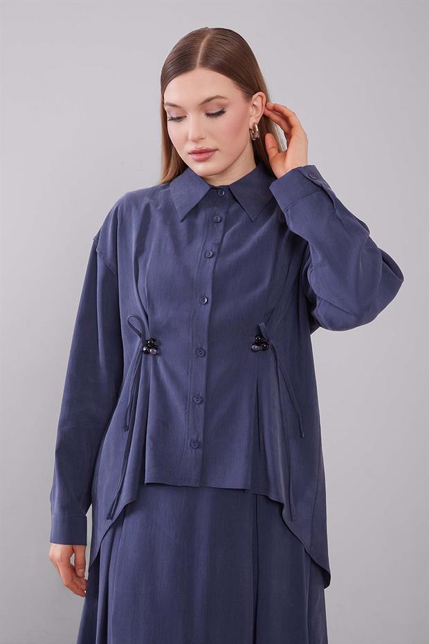 Lacivert Boncuk Bağlama Detaylı Etek Takım