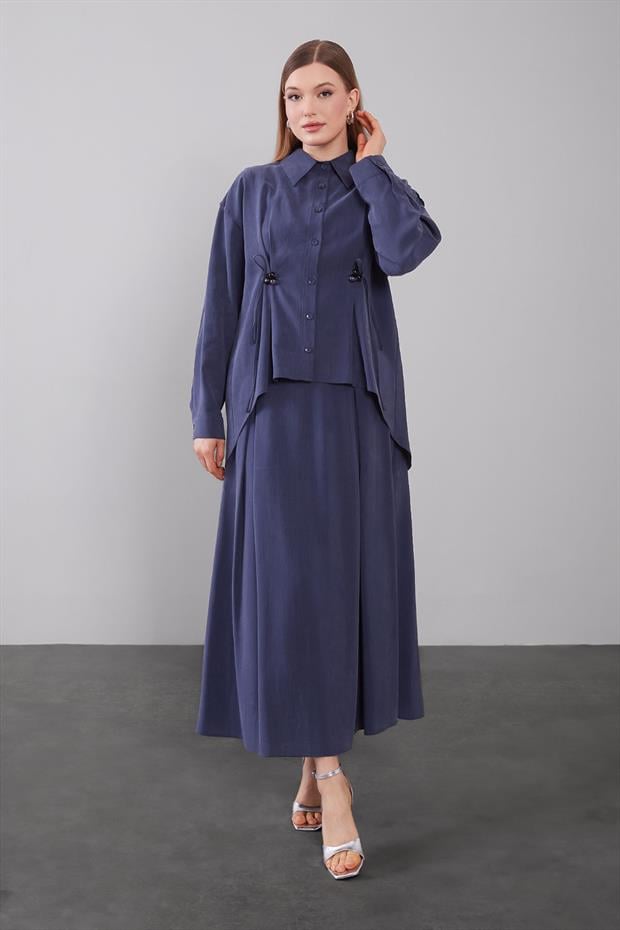 Lacivert Boncuk Bağlama Detaylı Etek Takım