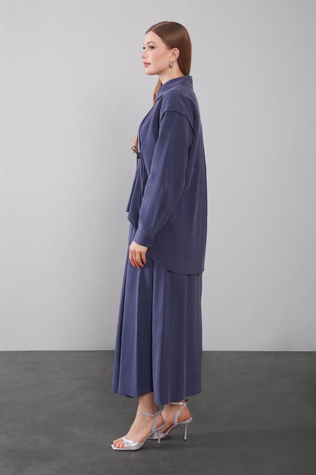 Lacivert Boncuk Bağlama Detaylı Etek Takım