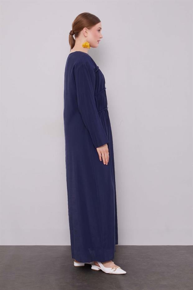 Lacivert Büzgü Detaylı Elbise