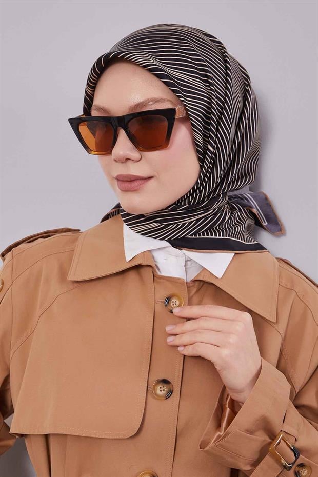 Lacivert - Camel Çizgili Model Twill İpek Eşarp