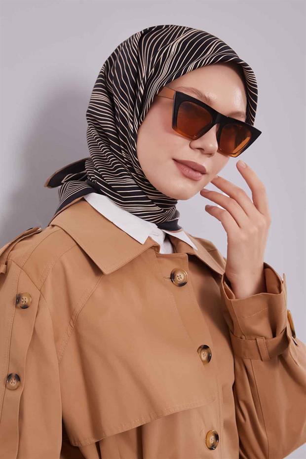 Lacivert - Camel Çizgili Model Twill İpek Eşarp