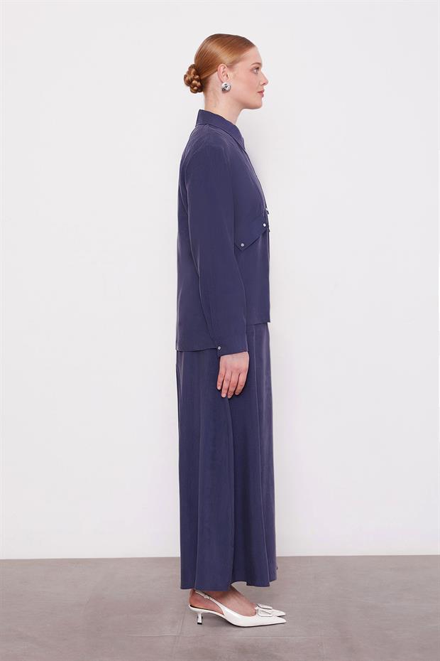 Lacivert Cep Detaylı Fermuarlı Etek Takım