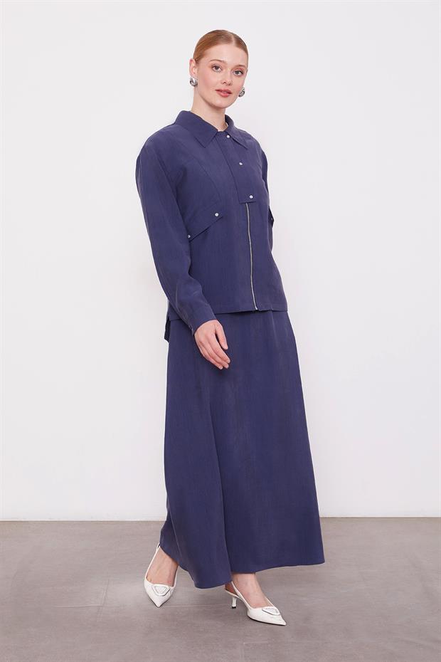 Lacivert Cep Detaylı Fermuarlı Etek Takım