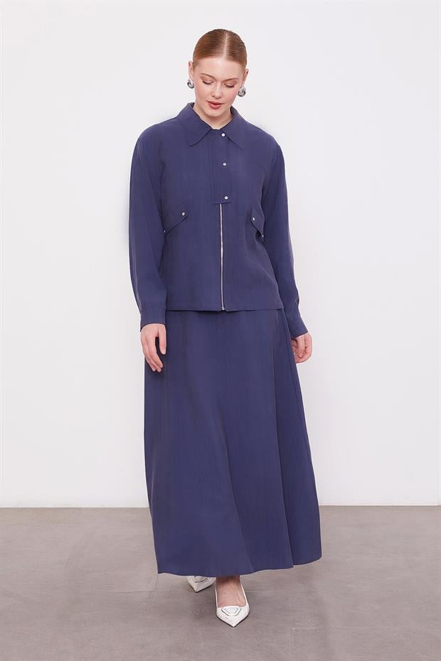 Lacivert Cep Detaylı Fermuarlı Etek Takım