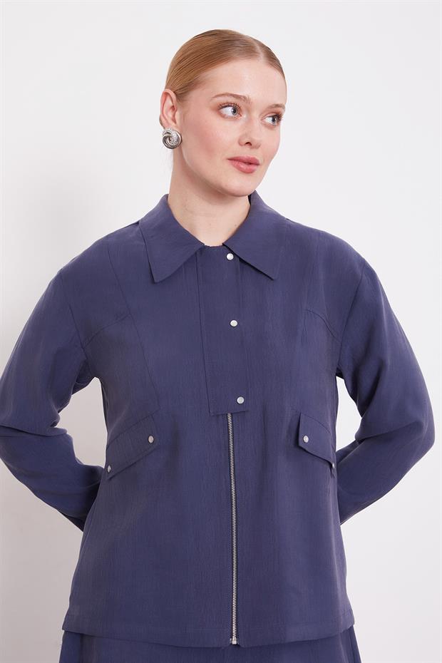 Lacivert Cep Detaylı Fermuarlı Etek Takım