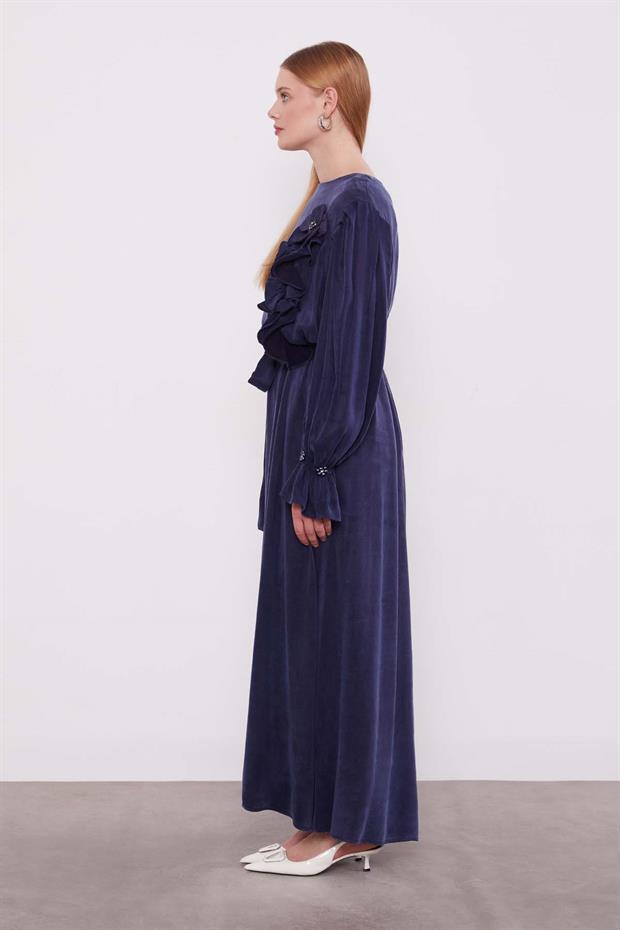 Lacivert ÇİÇEK AKSESUARLI ELBİSE