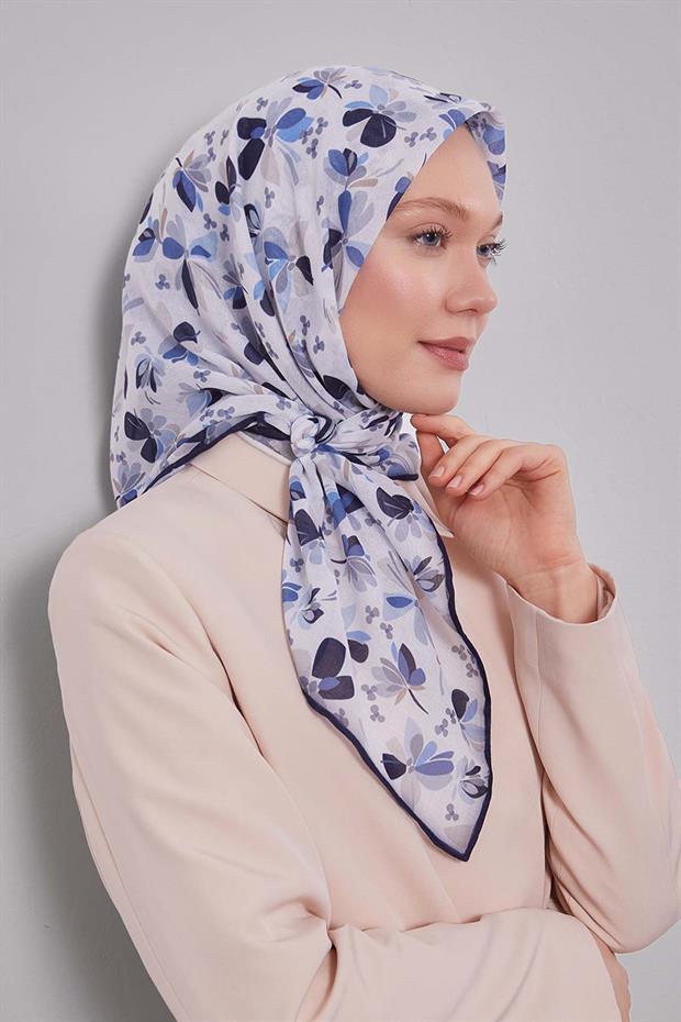 Lacivert Çiçek Desen Soft Eşarp