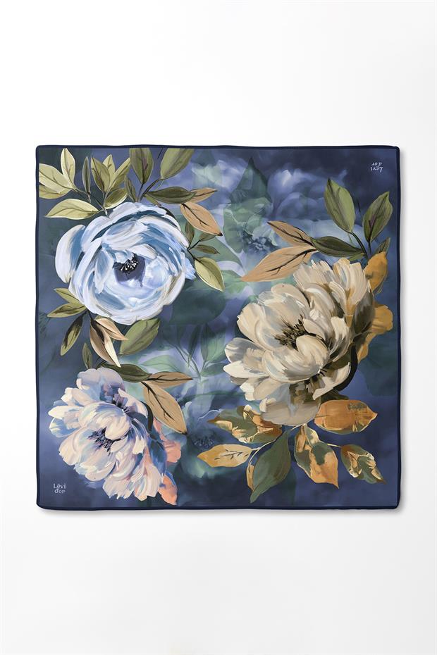 Lacivert Çiçek Desenli Twill İpek Eşarp