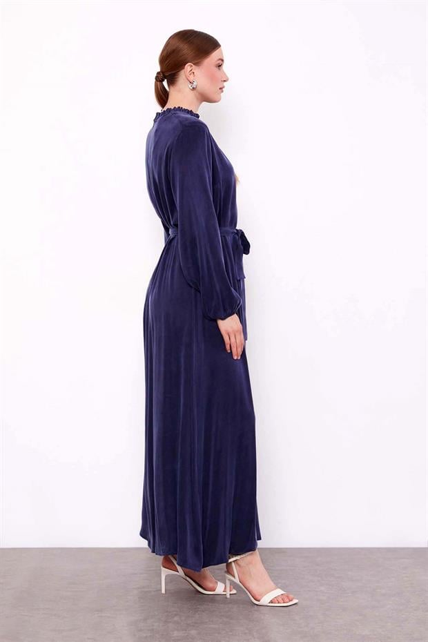 Lacivert Çiçek Taş Detaylı Cupra Elbise