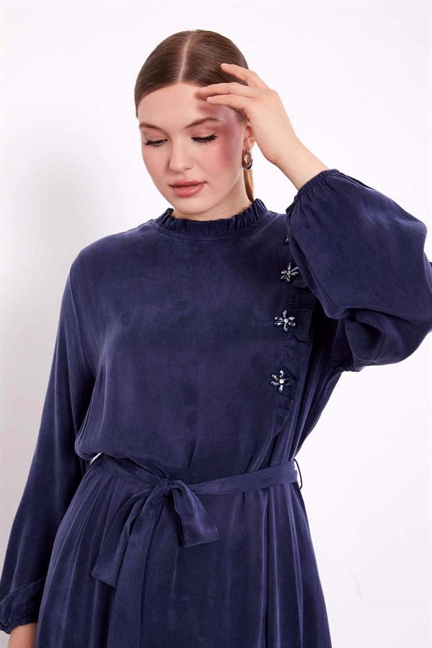 Lacivert Çiçek Taş Detaylı Cupra Elbise