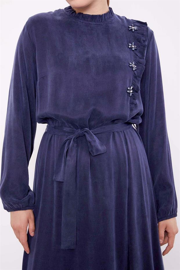 Lacivert Çiçek Taş Detaylı Cupra Elbise
