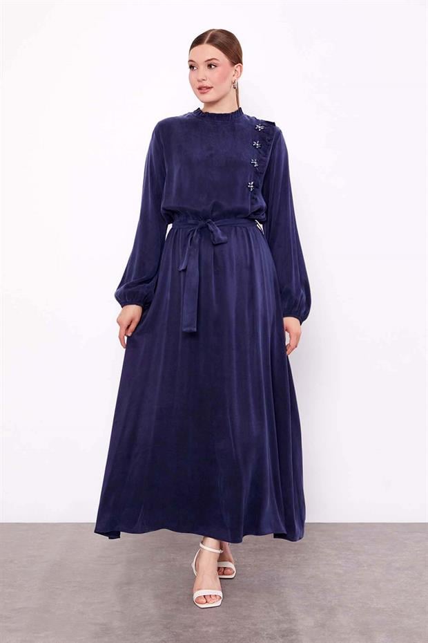 Lacivert Çiçek Taş Detaylı Cupra Elbise