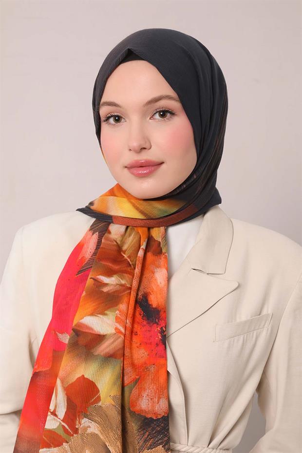 Lacivert Çiçekli Çizgili  Pamuk Şal