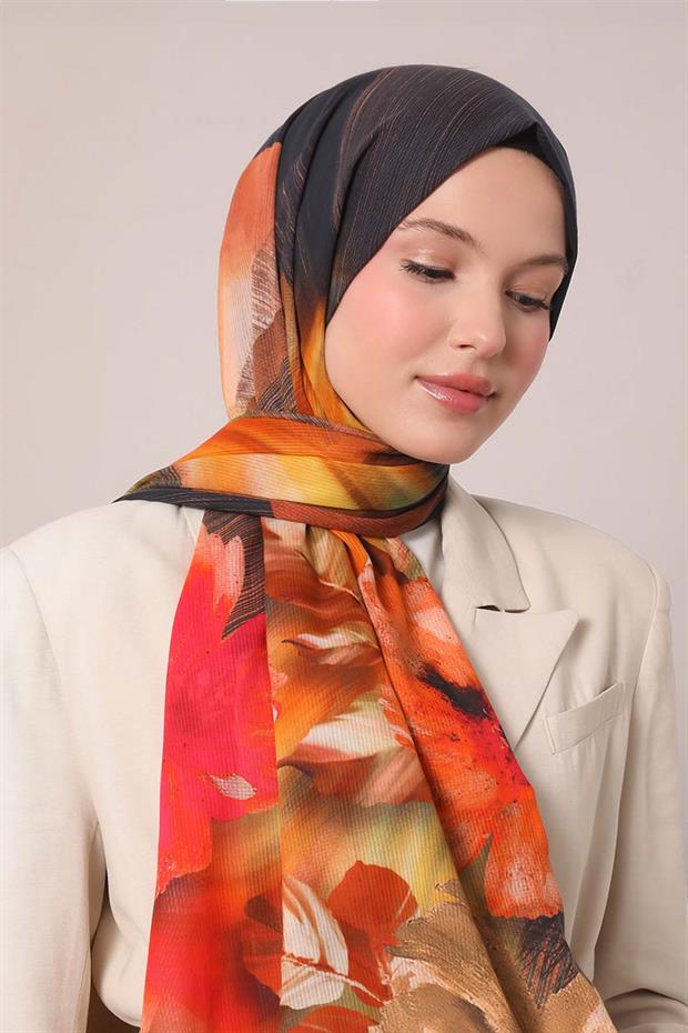 Lacivert Çiçekli Çizgili  Pamuk Şal