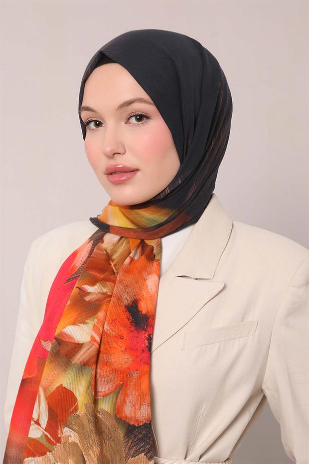 Lacivert Çiçekli Çizgili  Pamuk Şal