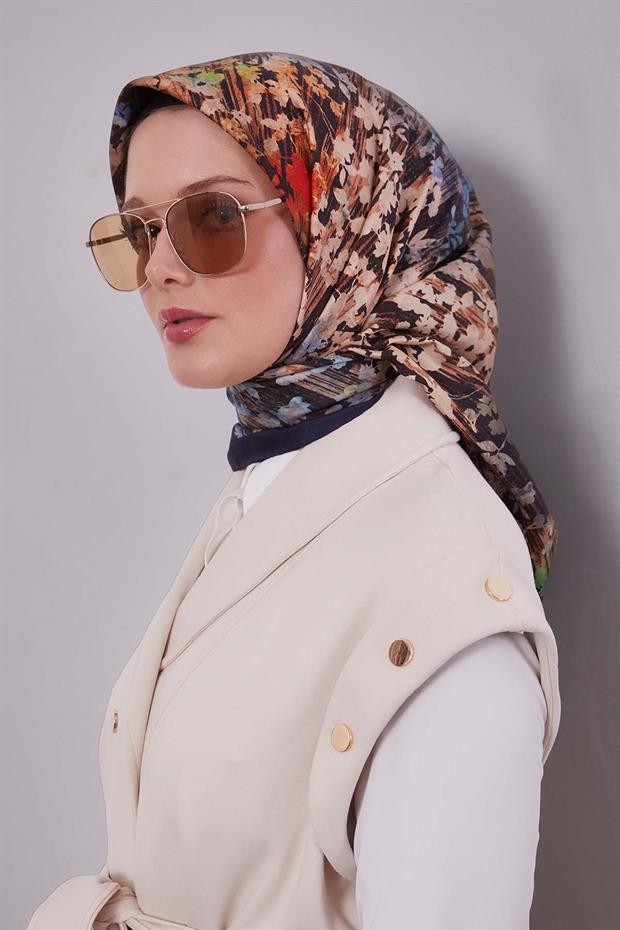 Lacivert Çiçekli Soyut Desen Twill İpek Eşarp