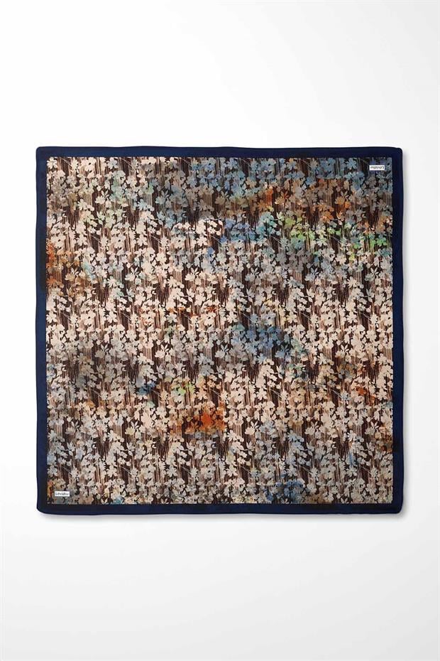 Lacivert Çiçekli Soyut Desen Twill İpek Eşarp