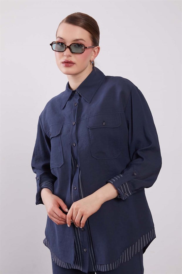 Lacivert Çift Katlı Çizgili İkili Takım