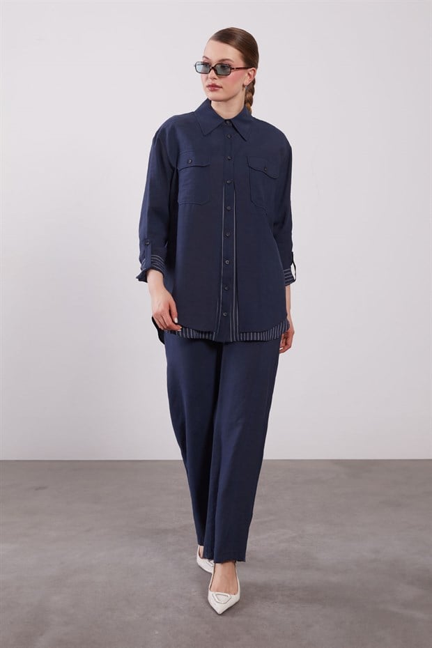 Lacivert Çift Katlı Çizgili İkili Takım