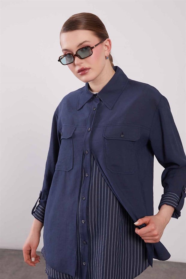 Lacivert Çift Katlı Çizgili İkili Takım