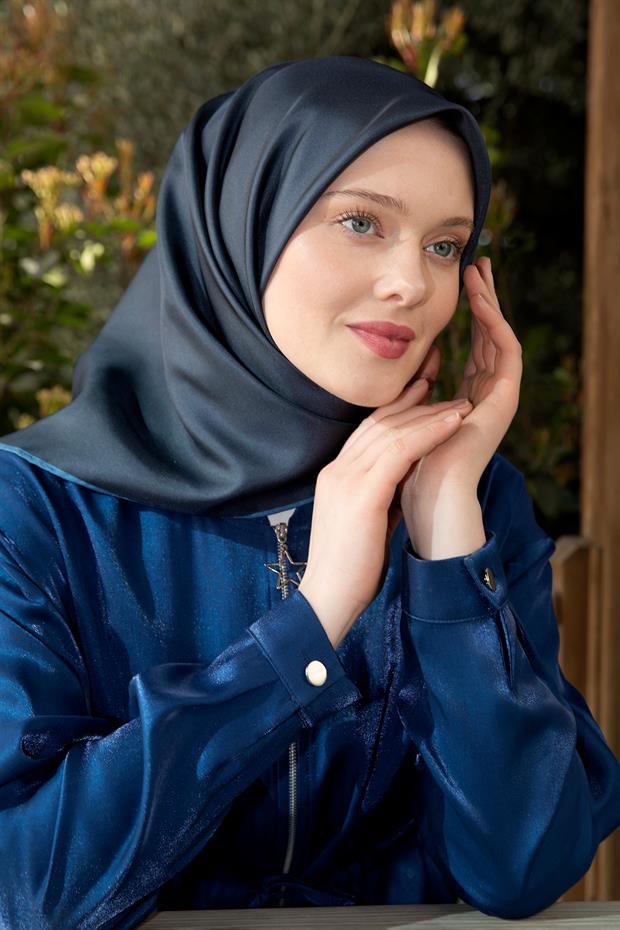 Lacivert Çift Taraflı Twill İpek Eşarp