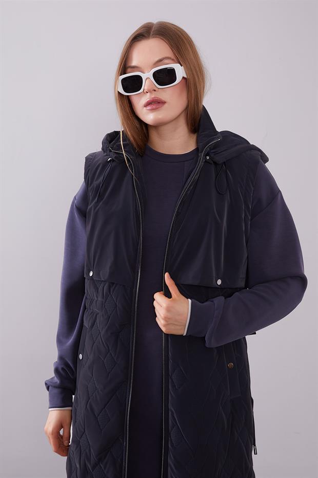 Lacivert Çıtçıt Rüzgarlık Detaylı Şişme Yelek