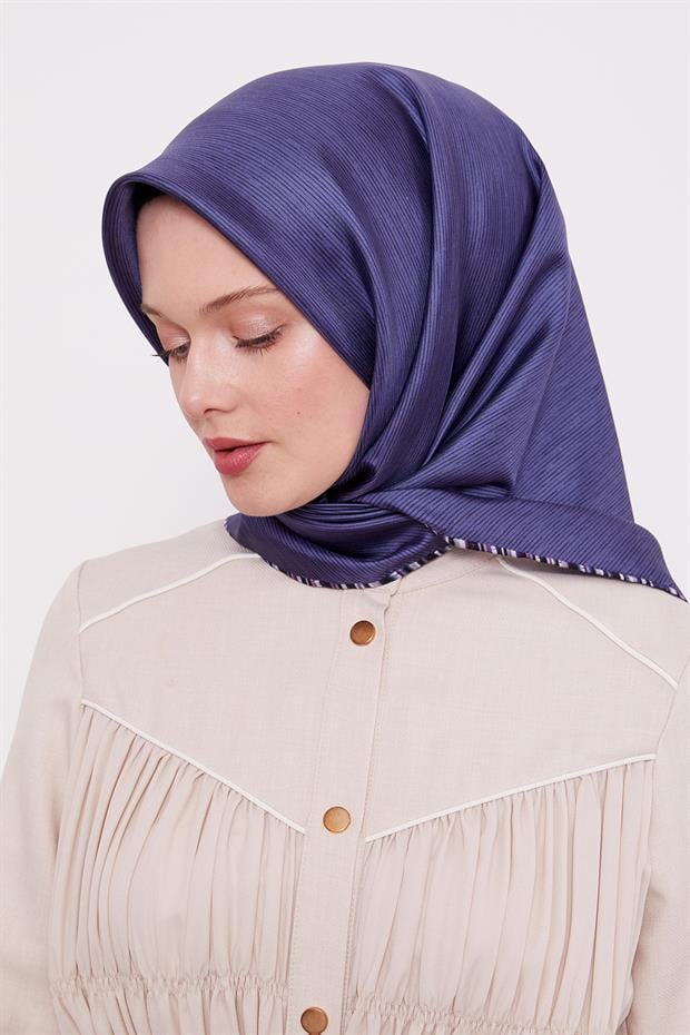 Lacivert Çizgili Twill İpek Eşarp