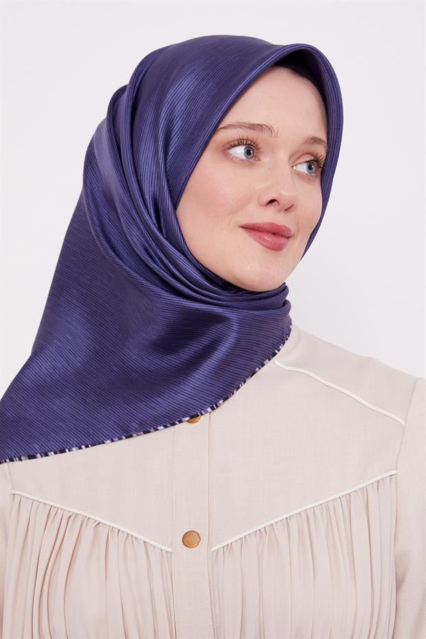 Lacivert Çizgili Twill İpek Eşarp
