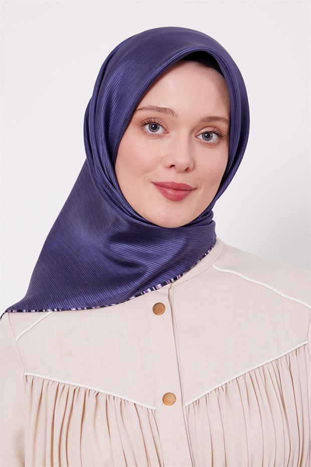 Lacivert Çizgili Twill İpek Eşarp