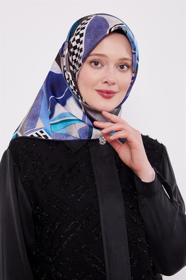 Lacivert Dama Desen Twill İpek Eşarp