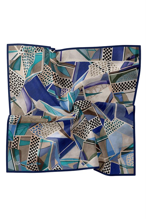 Lacivert Dama Desen Twill İpek Eşarp