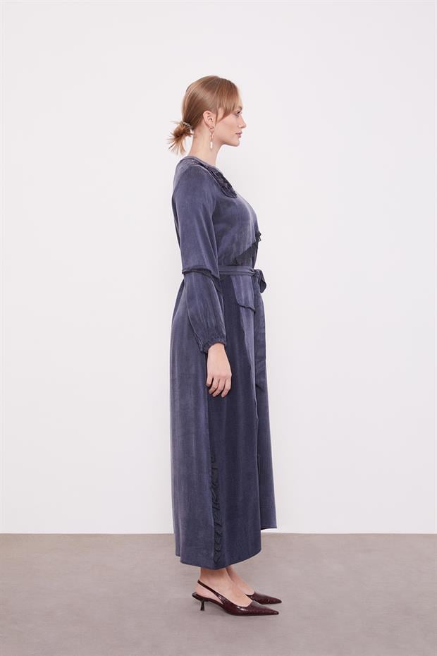 Lacivert Dantel Şeritli Cupra Elbise