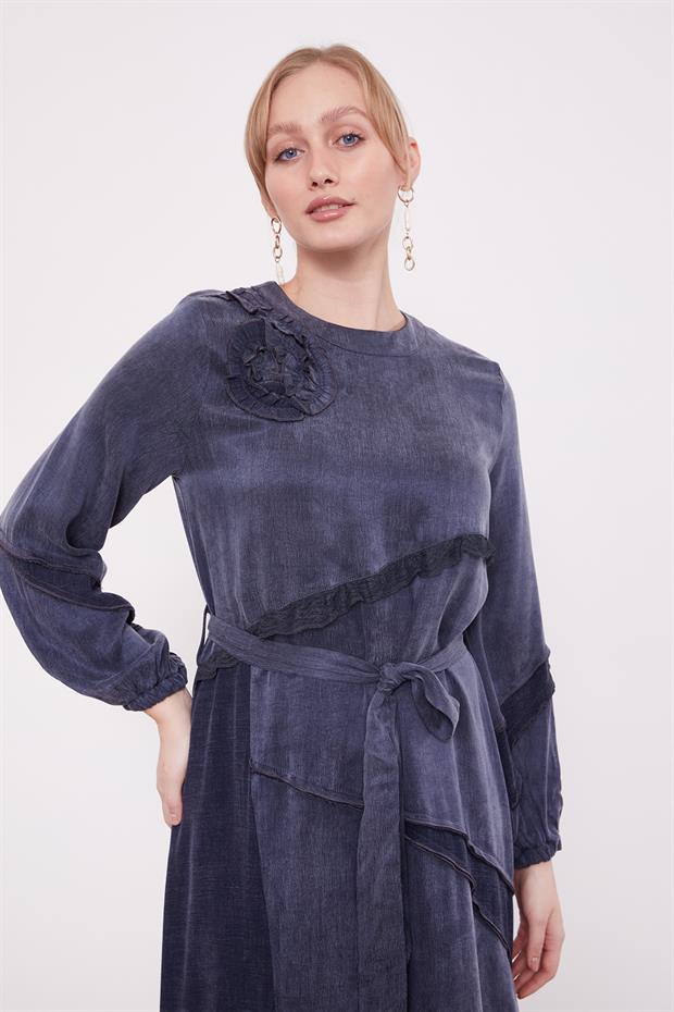 Lacivert Dantel Şeritli Cupra Elbise