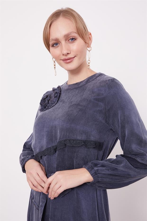 Lacivert Dantel Şeritli Cupra Elbise