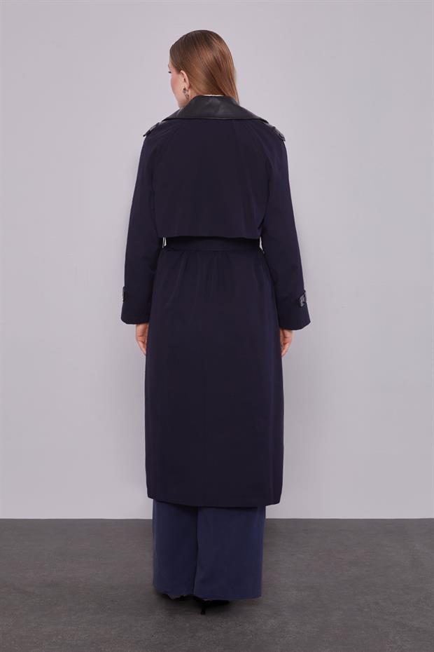 Lacivert Deri Kumaş Detaylı Trençkot