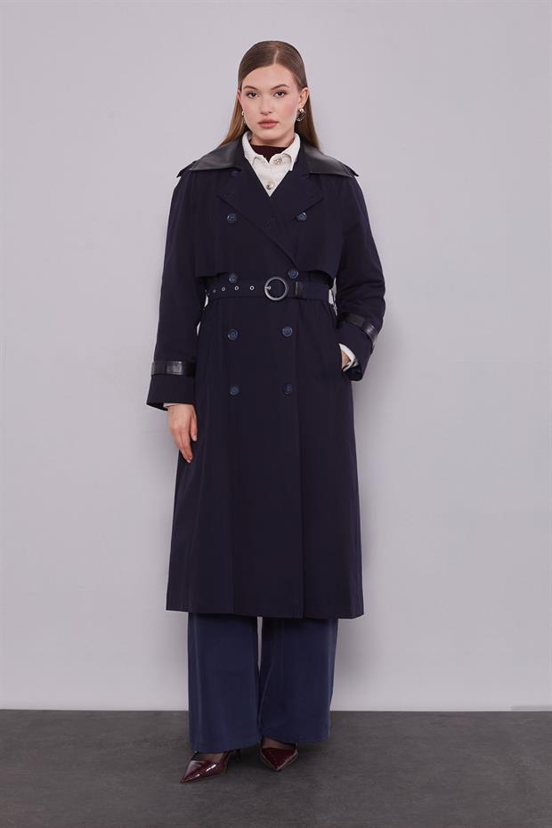 Lacivert Deri Kumaş Detaylı Trençkot