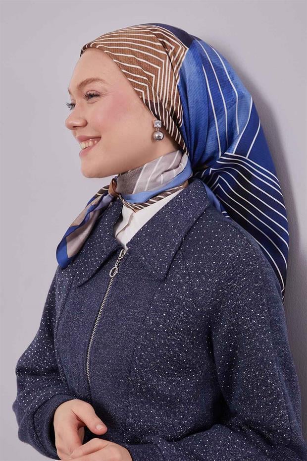 Lacivert Desenli Twill İpek Eşarp