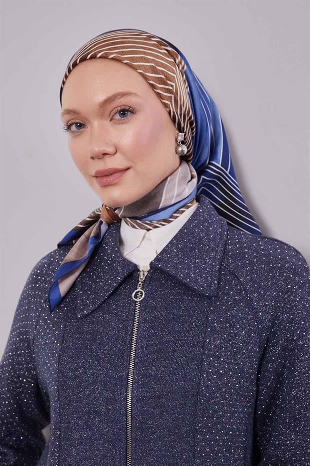 Lacivert Desenli Twill İpek Eşarp